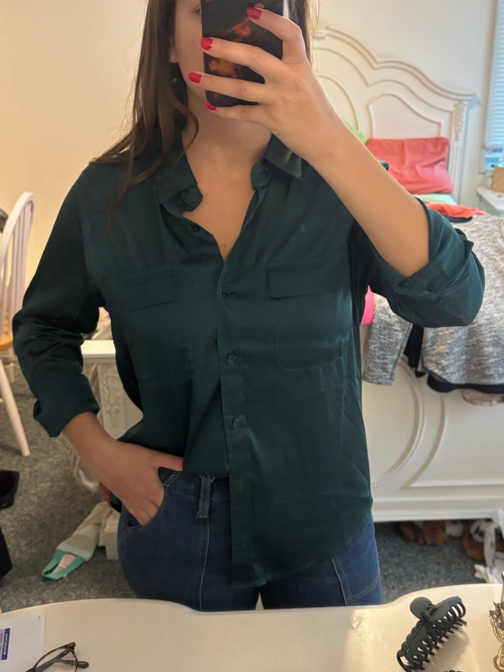 Deep Teal Button-Down Silk Shirt
